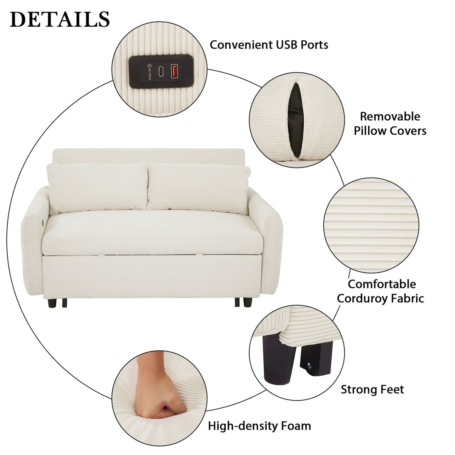 Avery Mid-Century Beige Loveseat Sleeper with Adjustable Backrest