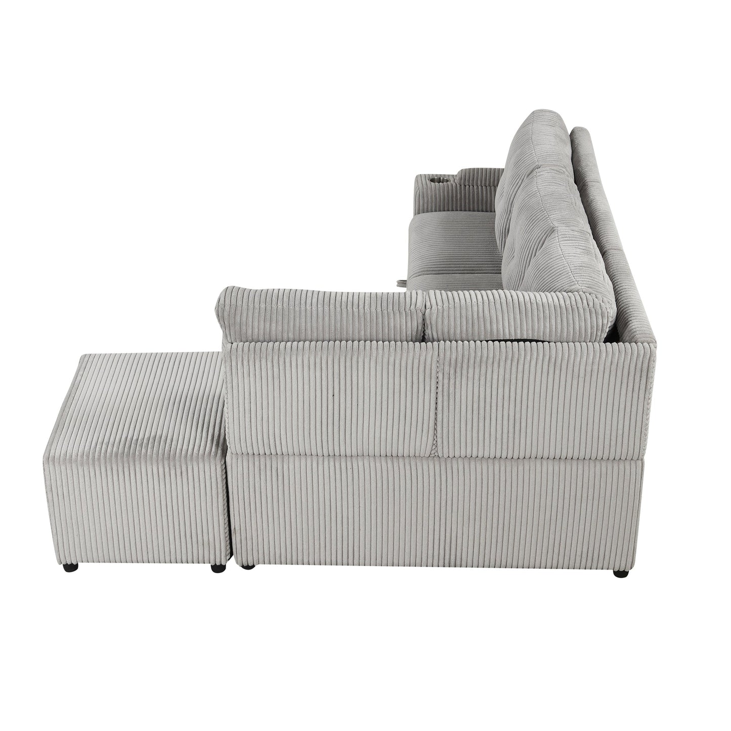 Light Grey Corduroy Sectional Sofa Bed with Built-in USB, Storage, and Movable Ottoman