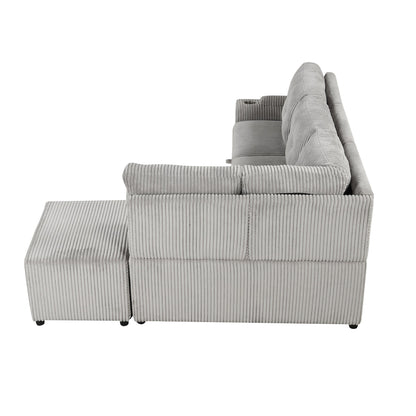 Light Grey Corduroy Sectional Sofa Bed with Built-in USB, Storage, and Movable Ottoman
