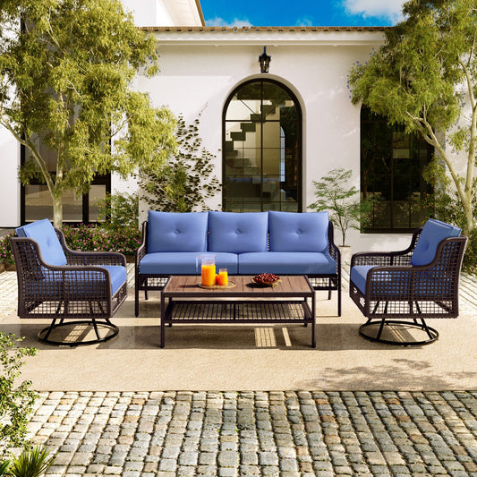 5-Piece Outdoor Swivel Patio Furniture Set with Blue Cushions and Wood Coffee Table