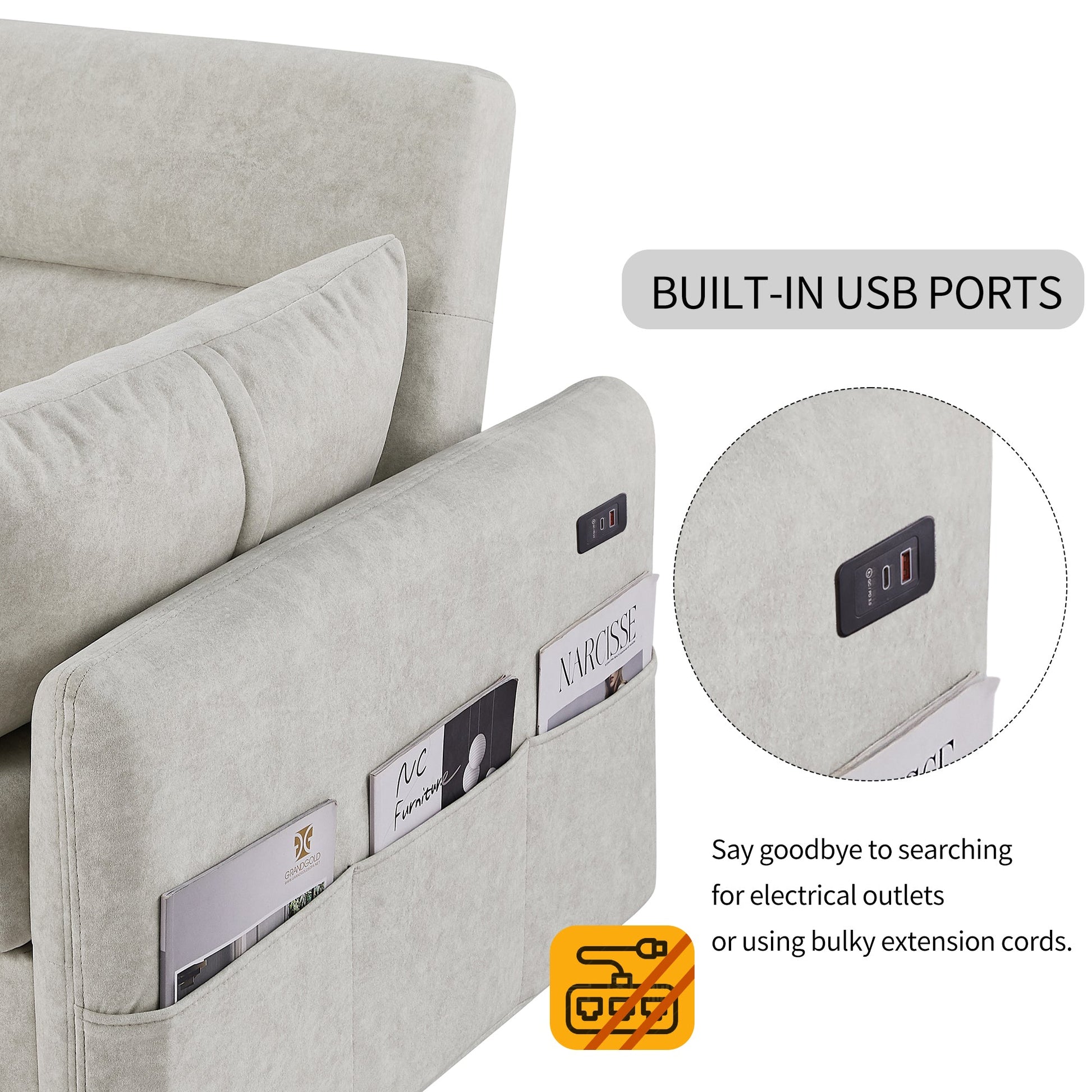 Gray sofa with built-in USB ports and magazine holders, featuring a close-up of the USB ports.