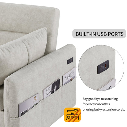 Gray sofa with built-in USB ports and magazine holders, featuring a close-up of the USB ports.