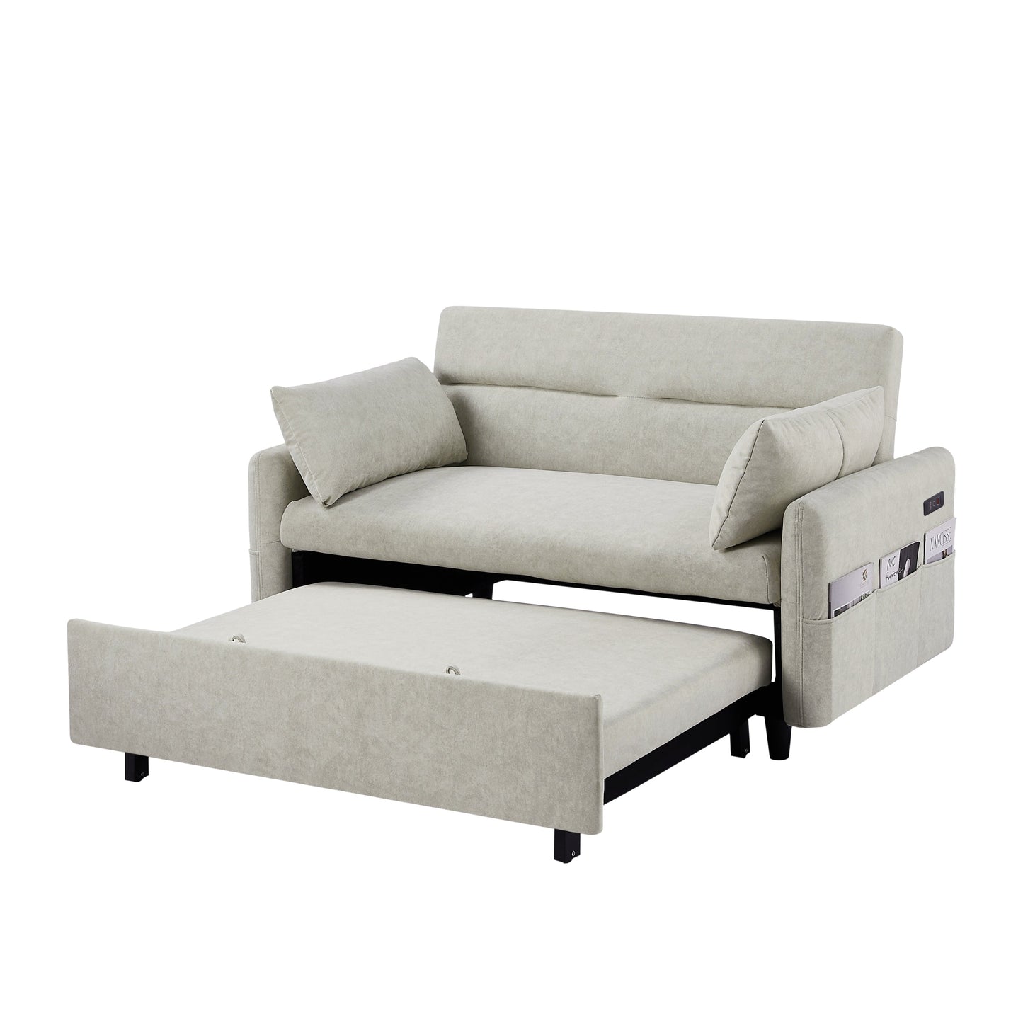 2-Seat Microfiber Sofa Bed with Pillows and Side Storage