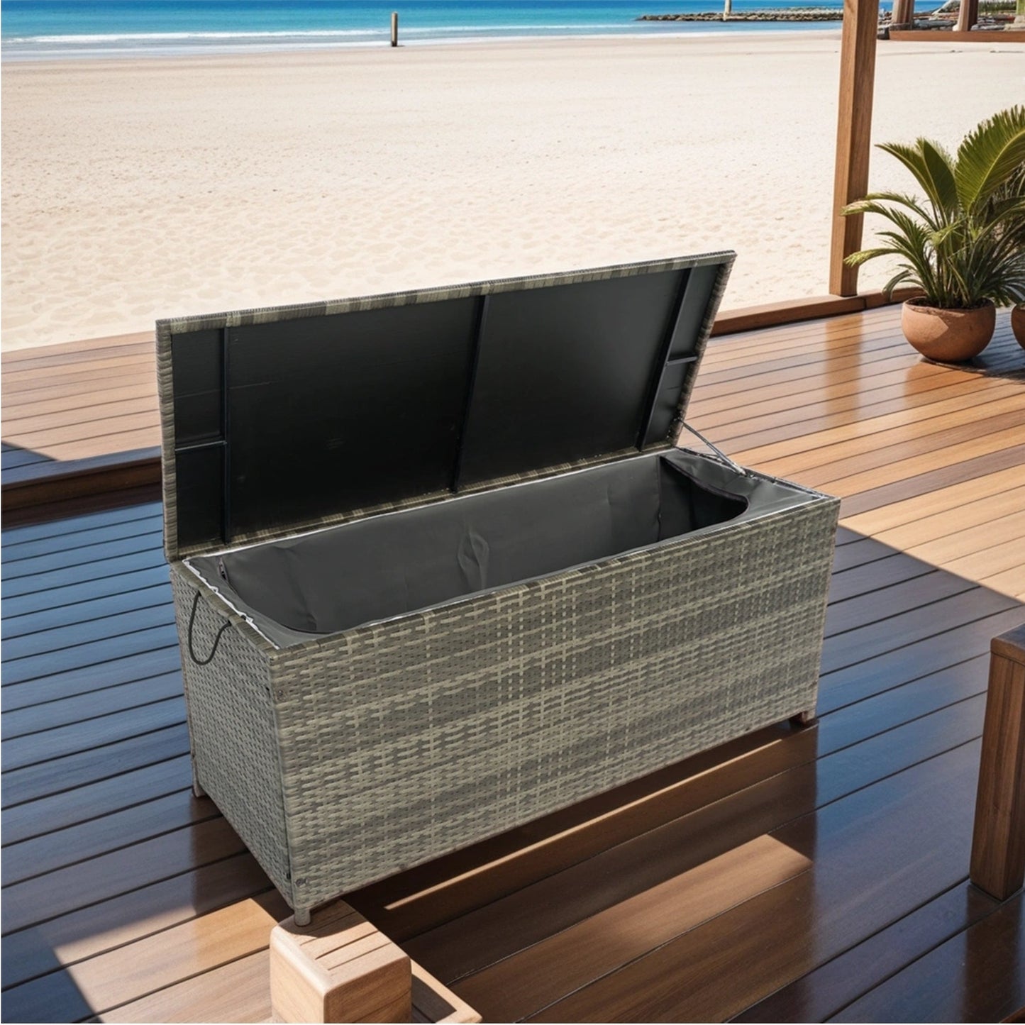 113 Gallon Rattan Deck Box Outdoor Storage Trunk Grey Wicker Patio Side Table
