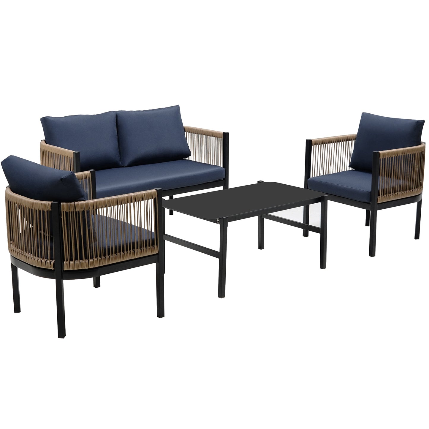 Modular Outdoor Wicker Sofa Set with Tempered Glass Table