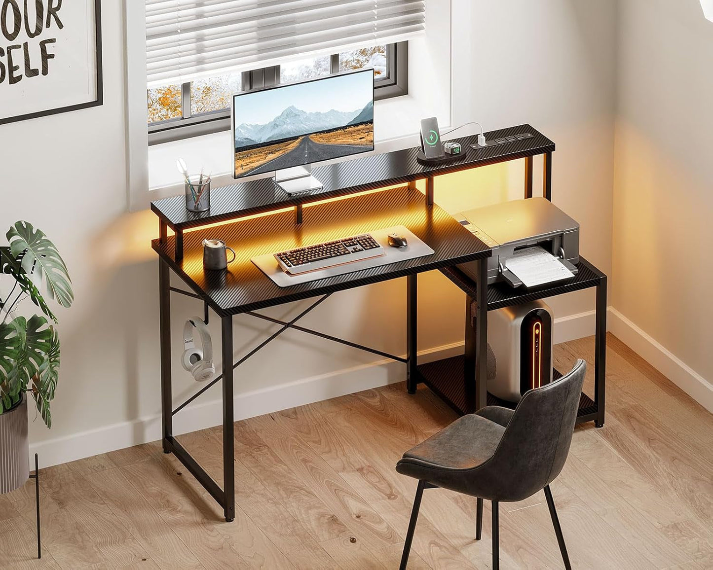 Computer Desk with LED Lights & Power Outlets