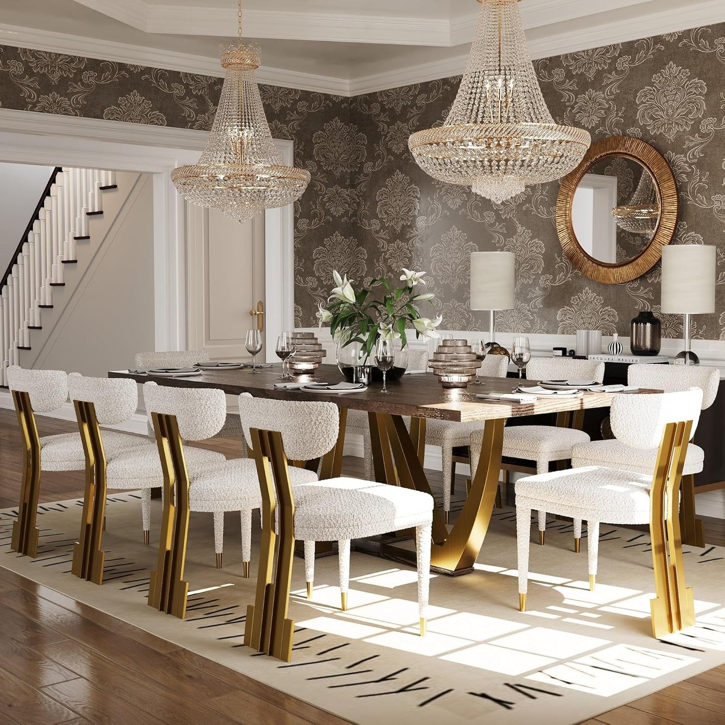 AUZ Walnut Wood Dining Table – Seats 6–10 with Brushed Gold Base