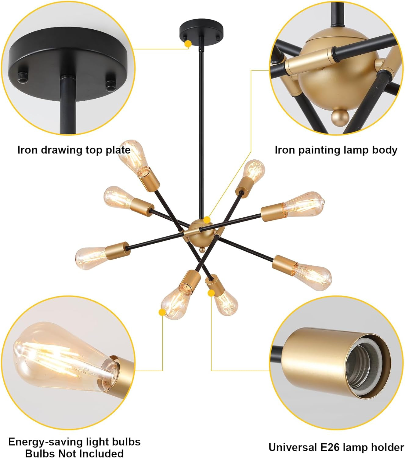 Modern Mid-Century 8-Light Black & Gold Chandelier