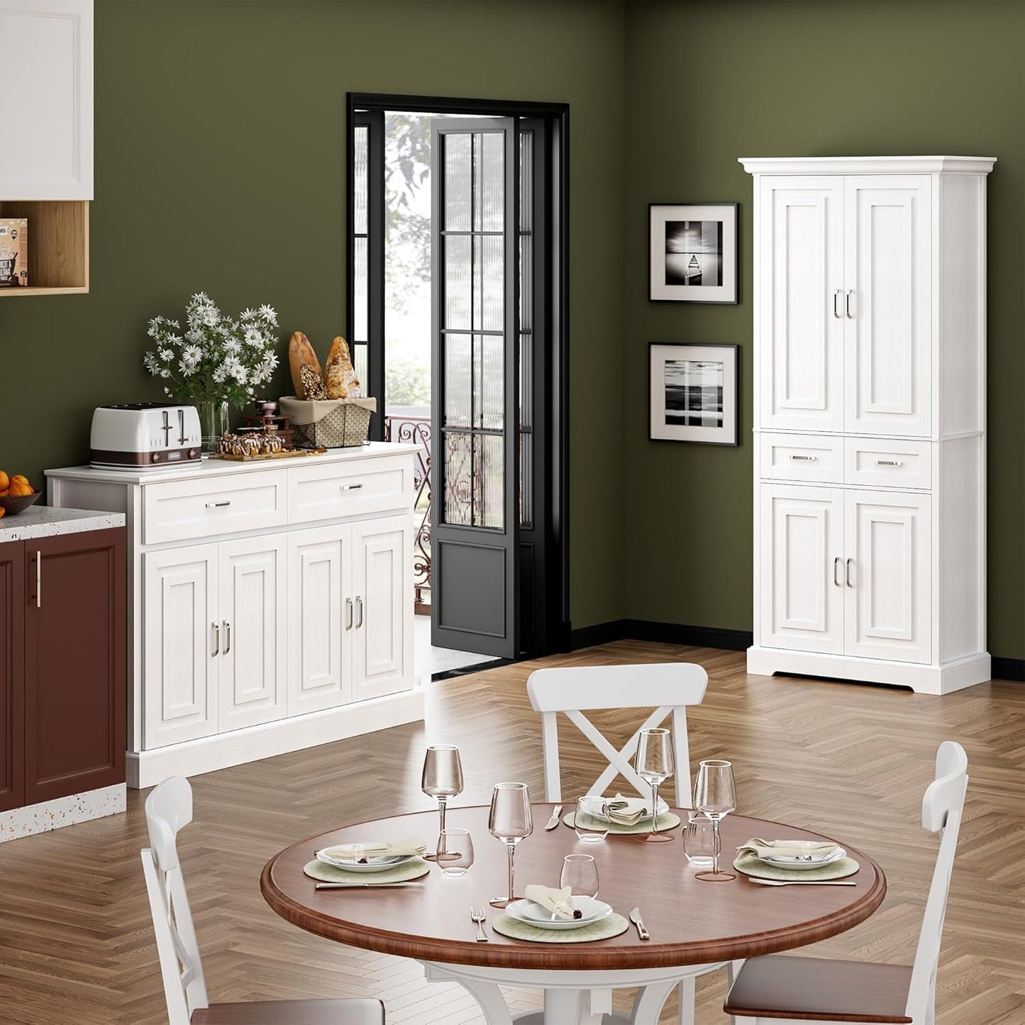 Luxury White Sideboard – 36" Tall Buffet Cabinet with Storage & Silver Pulls