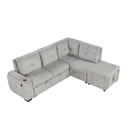Light Grey Corduroy Sectional Sofa Bed with Built-in USB, Storage, and Movable Ottoman