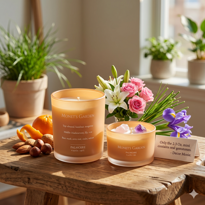 Monet’s Garden Floral & Nutty Scented Candle with Rose Quartz Crystals