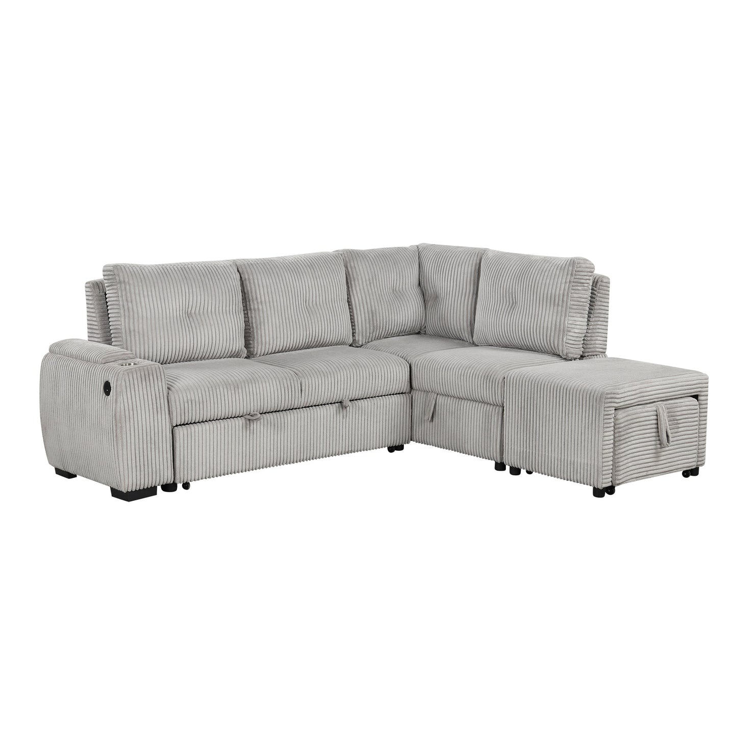 Light Grey Corduroy Sectional Sofa Bed with Built-in USB, Storage, and Movable Ottoman