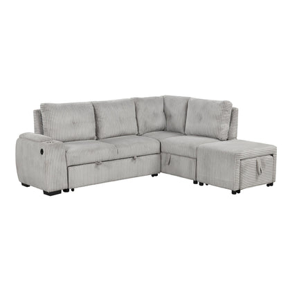Light Grey Corduroy Sectional Sofa Bed with Built-in USB, Storage, and Movable Ottoman