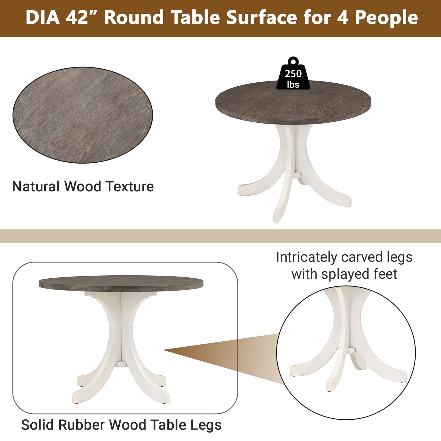 42” Pedestal Dining Table Set for 4 — Brown Wood & Linen Seating