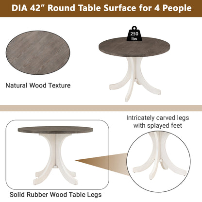 42” Pedestal Dining Table Set for 4 — Brown Wood & Linen Seating