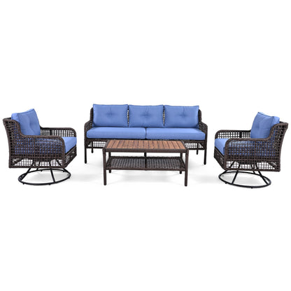 5-Piece Outdoor Swivel Patio Furniture Set with Blue Cushions and Wood Coffee Table