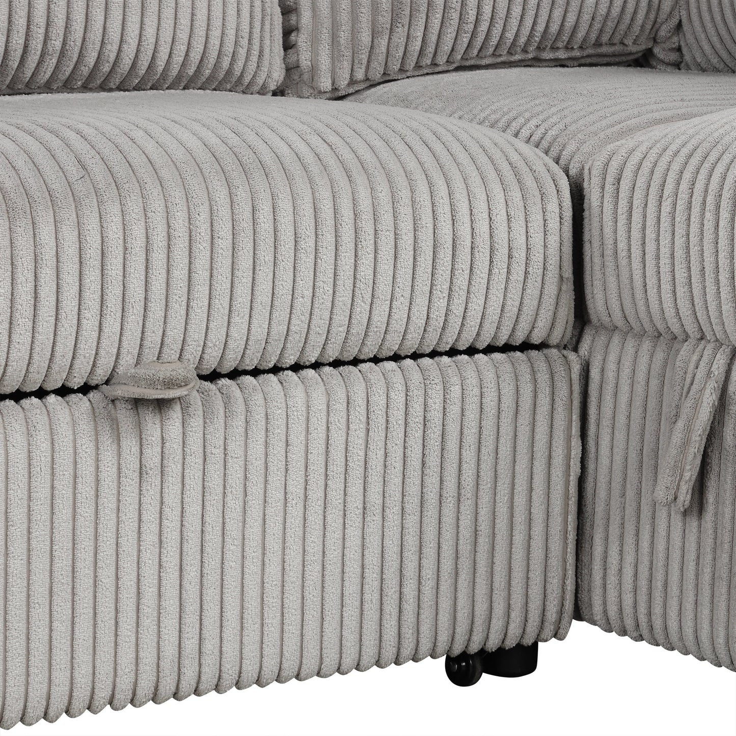 Light Grey Corduroy Sectional Sofa Bed with Built-in USB, Storage, and Movable Ottoman