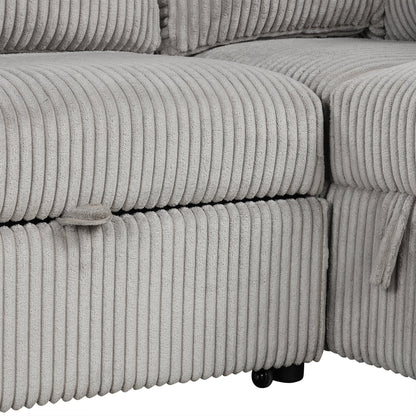 Light Grey Corduroy Sectional Sofa Bed with Built-in USB, Storage, and Movable Ottoman