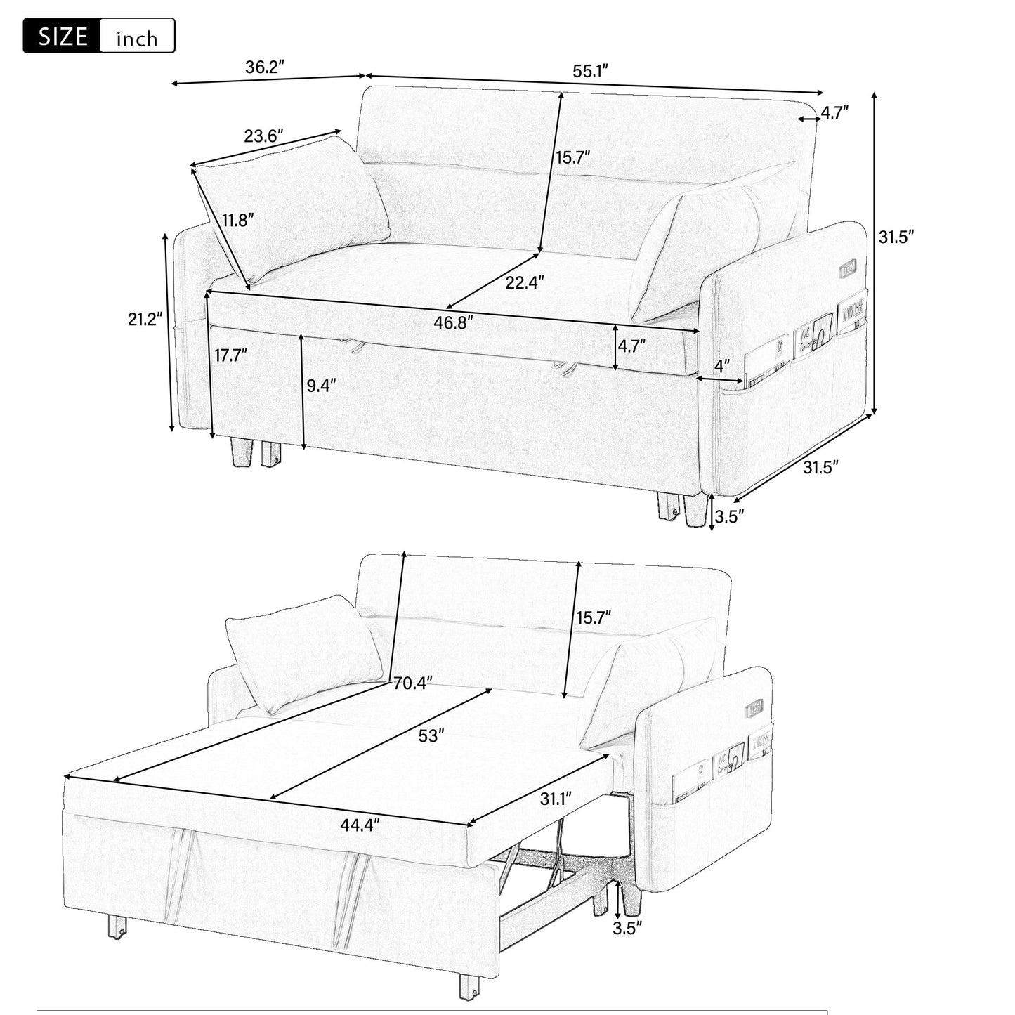 2-Seat Microfiber Sofa Bed with Pillows and Side Storage