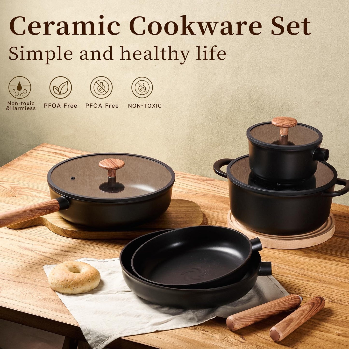 Oven-Safe, Stackable Ceramic Cookware Set for Induction Stoves