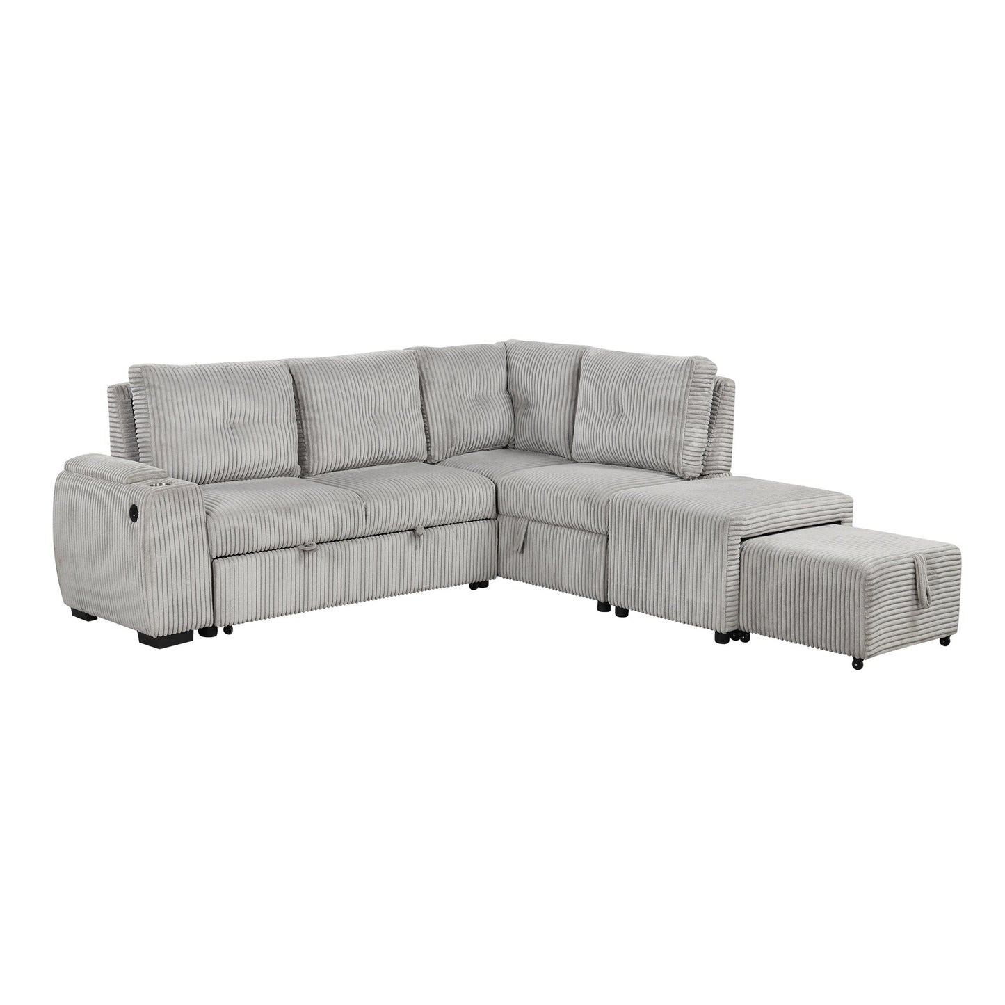 Light Grey Corduroy Sectional Sofa Bed with Built-in USB, Storage, and Movable Ottoman