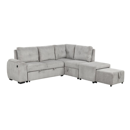 Light Grey Corduroy Sectional Sofa Bed with Built-in USB, Storage, and Movable Ottoman