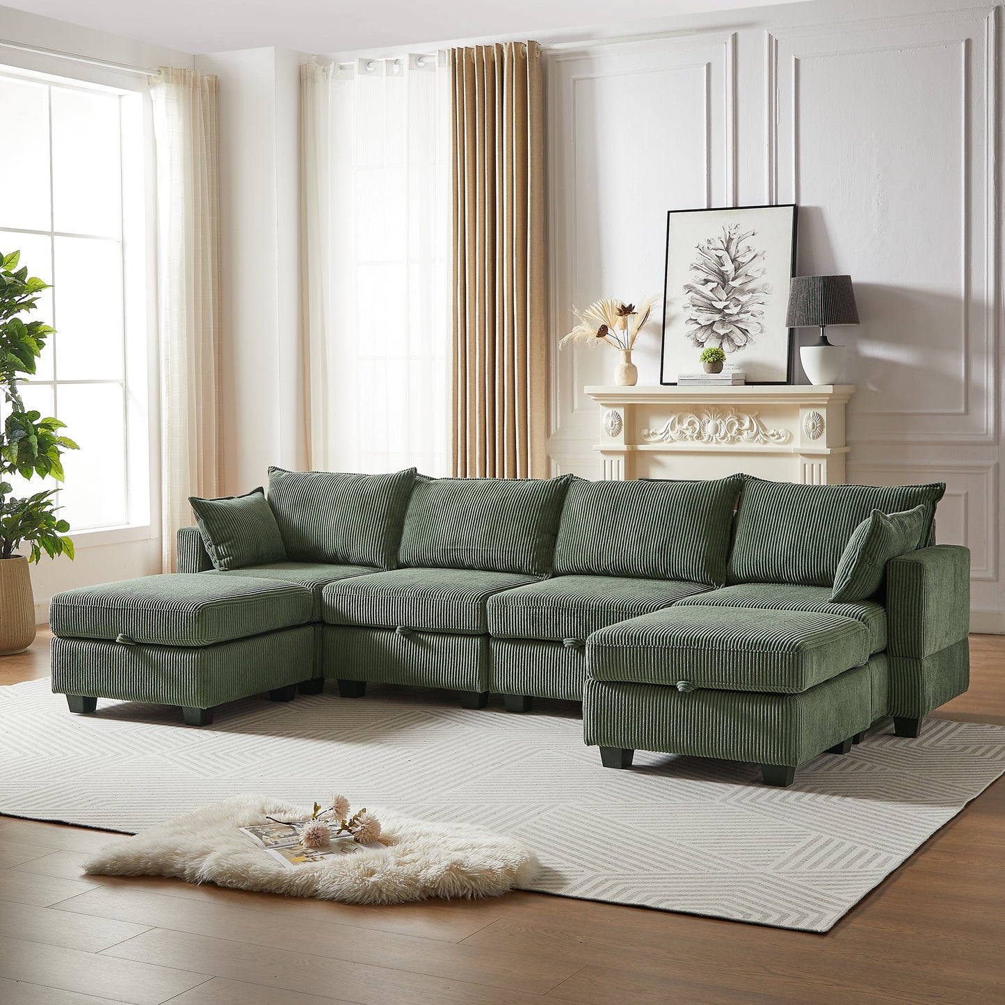 113.5'' Convertible Modular Sofa with Corduroy Fabric & Hidden Storage