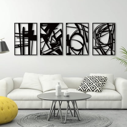 4-Piece Black Metal Abstract Wall Art Set (16" x 11" Each) - 3D Hollow Design