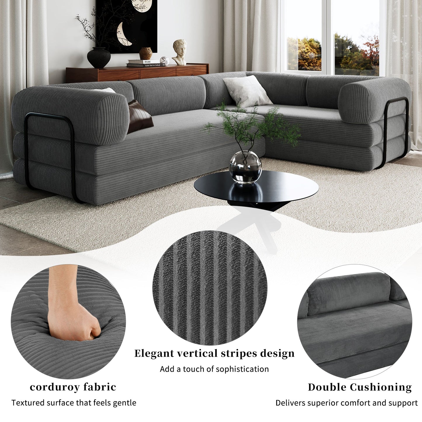 4-Seat Modular Sectional Sofa in Gray Corduroy - Converts to Guest Bed (No Assembly)