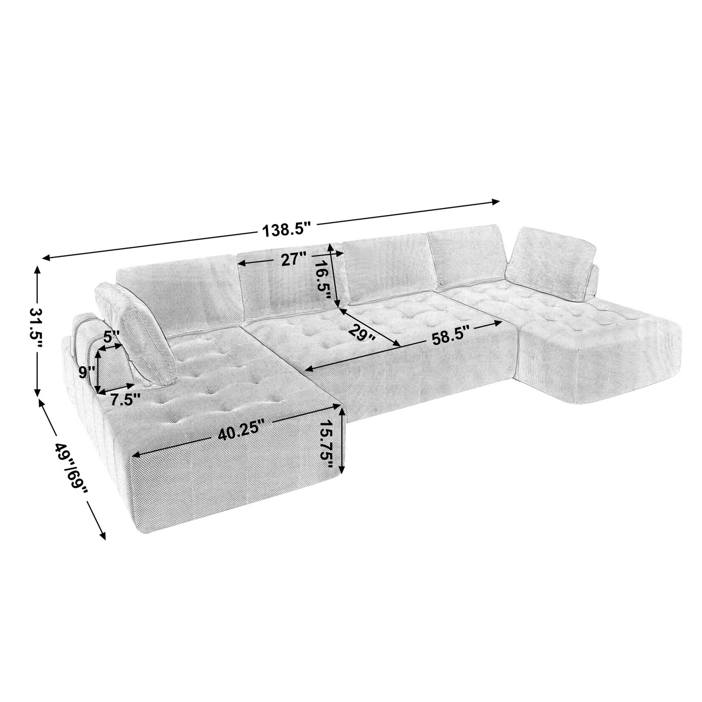 The Khaki Upholstered Cloud U-Shaped Deep-Seat Sectional