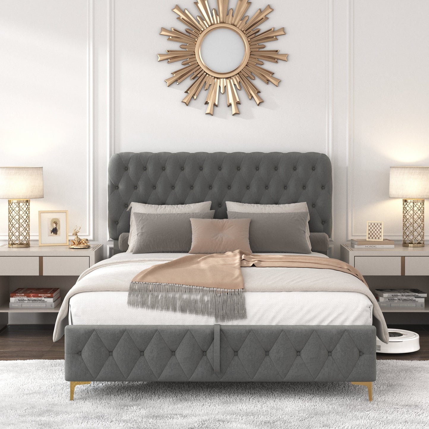 Queen Velvet Platform Bed with Lift-Up Storage