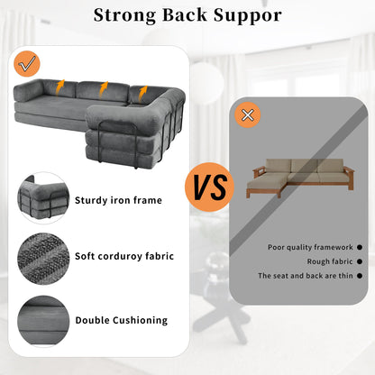 4-Seat Modular Sectional Sofa in Gray Corduroy - Converts to Guest Bed (No Assembly)