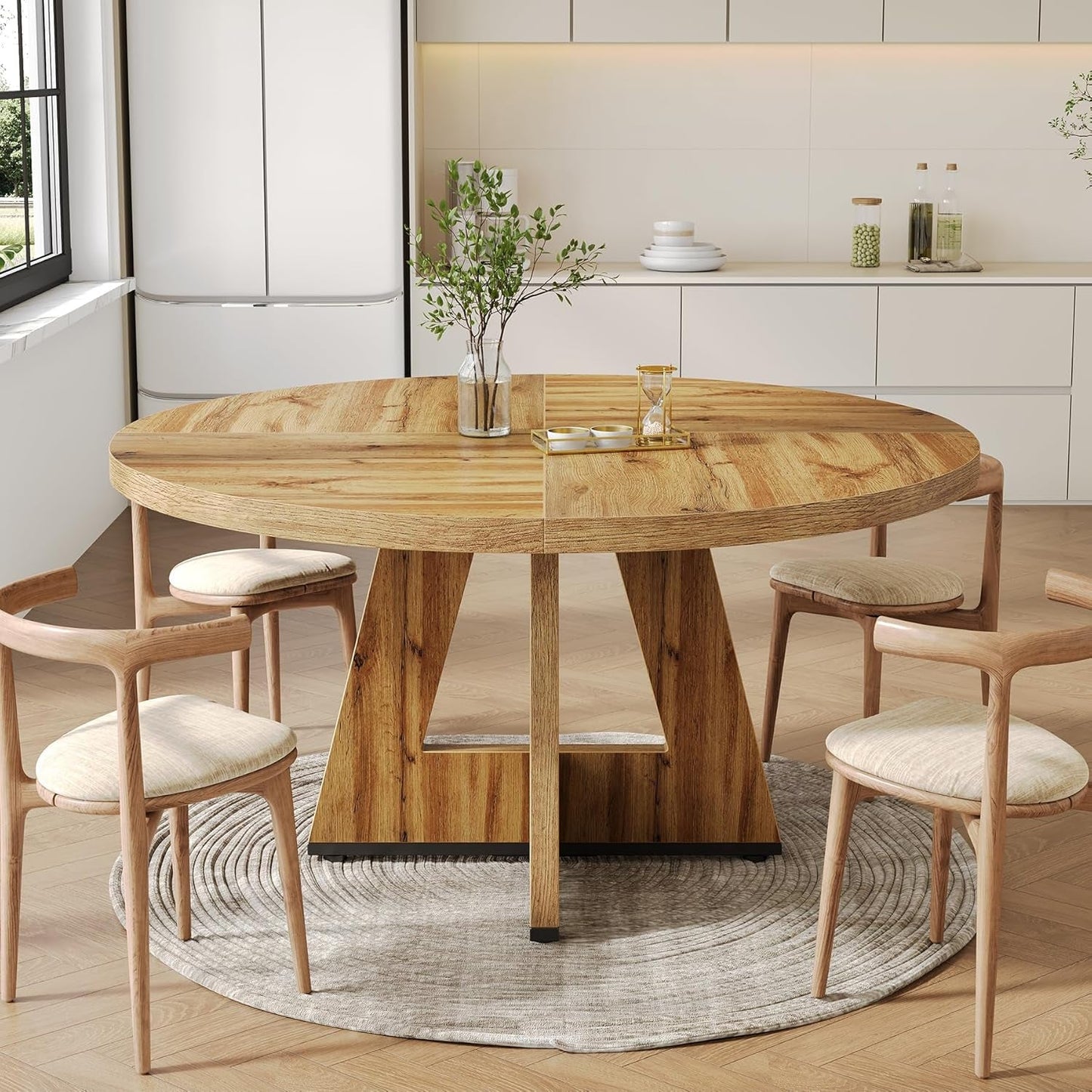 47.24" Round Dining Table for 4-6 People with Sturdy Pedestal Base (Light Brown)