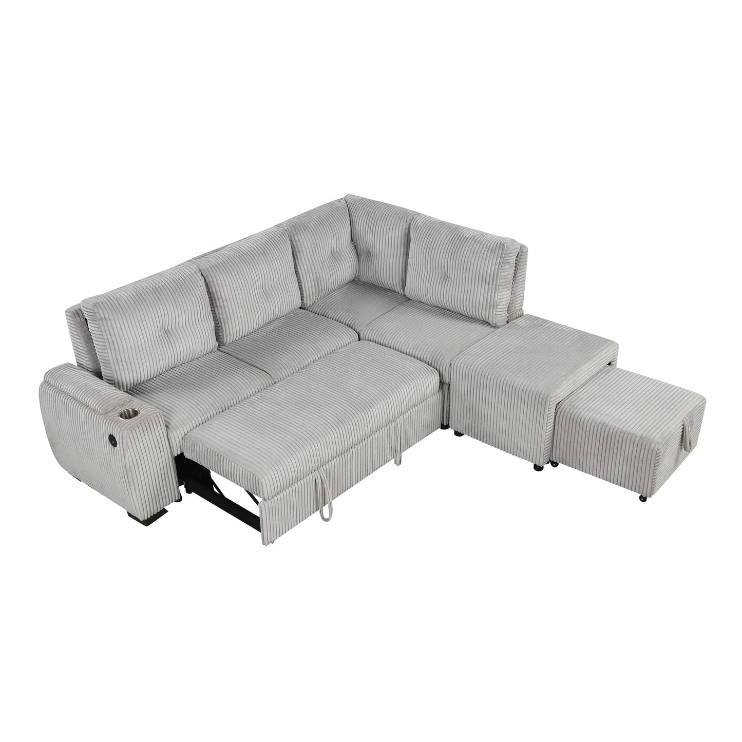 Light Grey Corduroy Sectional Sofa Bed with Built-in USB, Storage, and Movable Ottoman