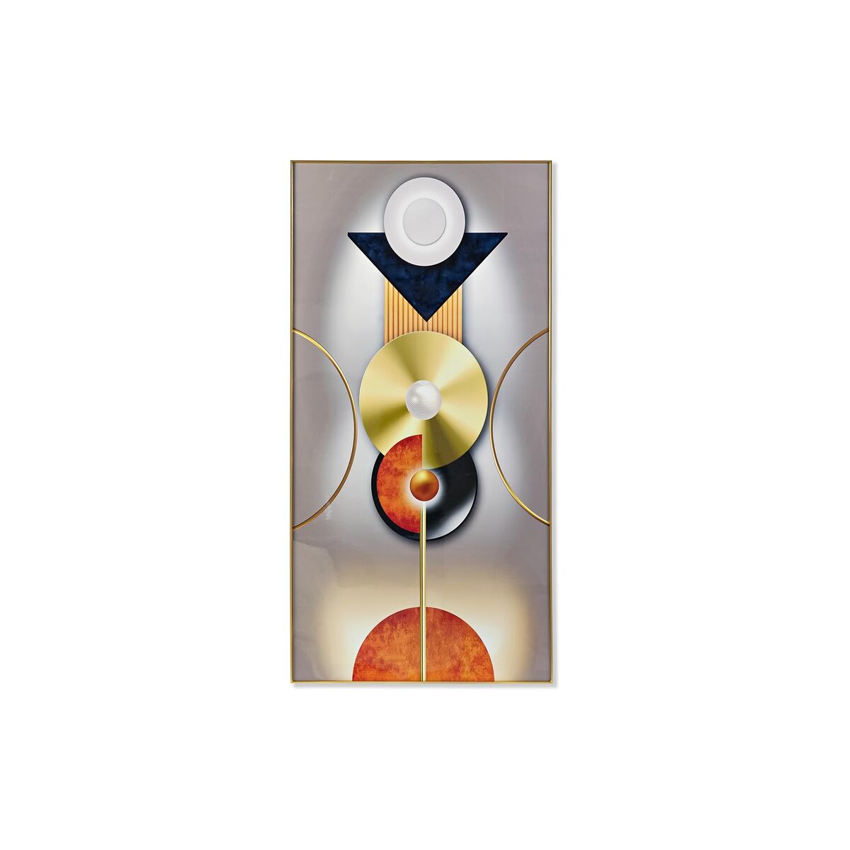 A modern wall art piece with a gold accent on a multicolor background, featuring geometric shapes and a central circular element, mounted on a white wall.