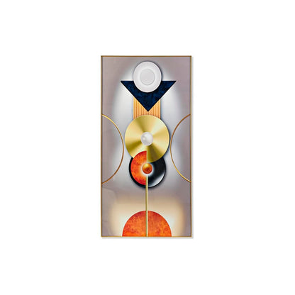A modern wall art piece with a gold accent on a multicolor background, featuring geometric shapes and a central circular element, mounted on a white wall.