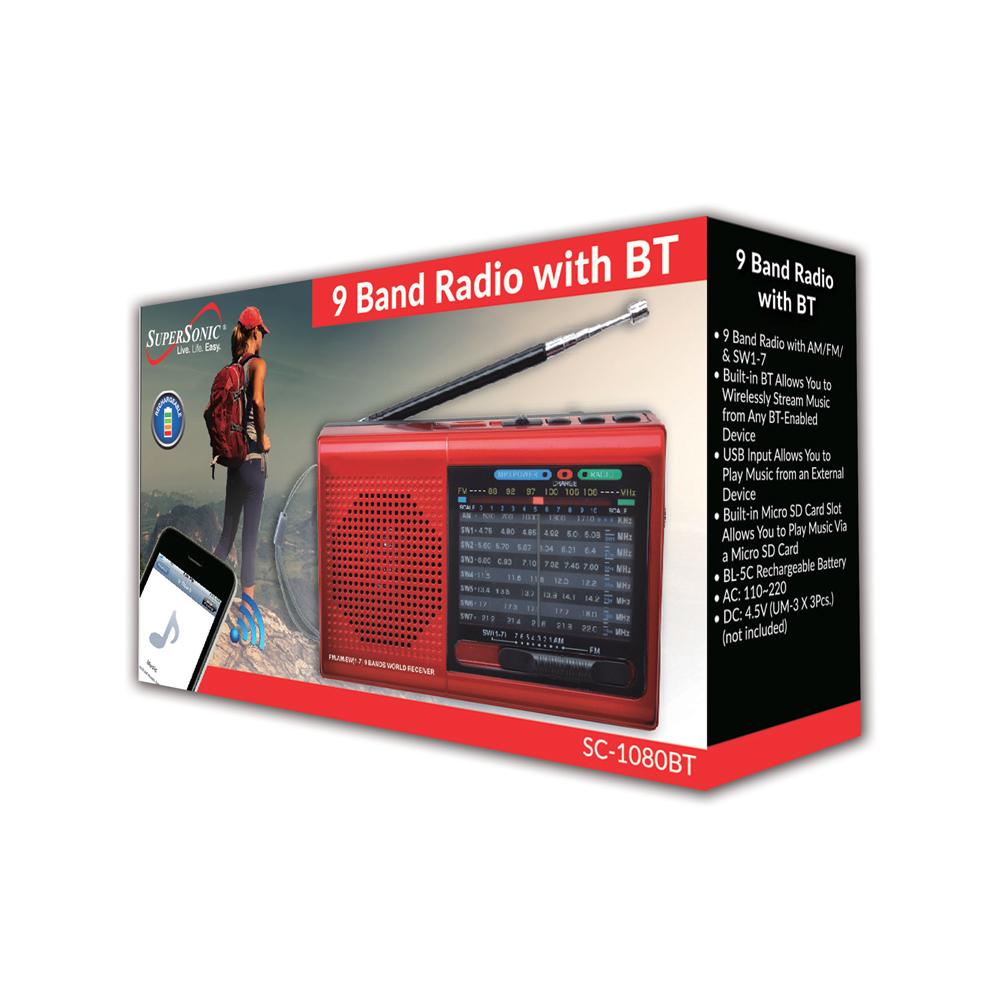 9-Band Portable Radio with Bluetooth & Rechargeable Battery