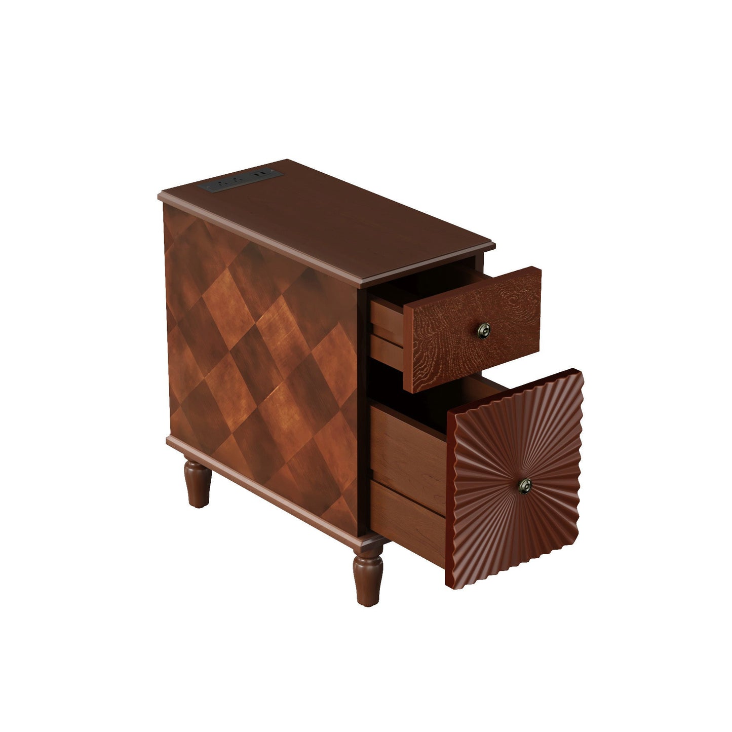 Mid-Century Modern 2-Drawer Nightstand with 2 USB / 2 AC Charging Station (Walnut)