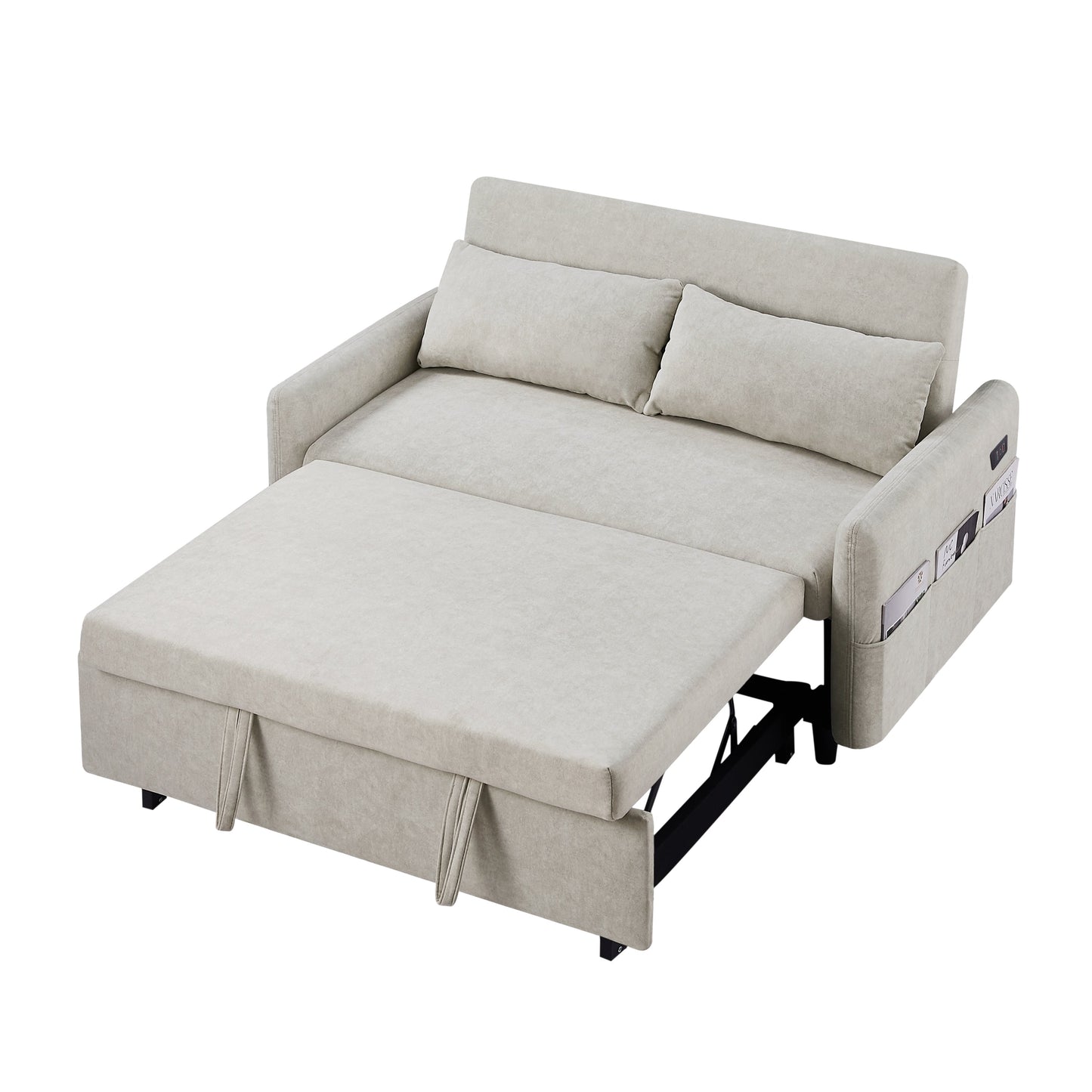2-Seat Microfiber Sofa Bed with Pillows and Side Storage
