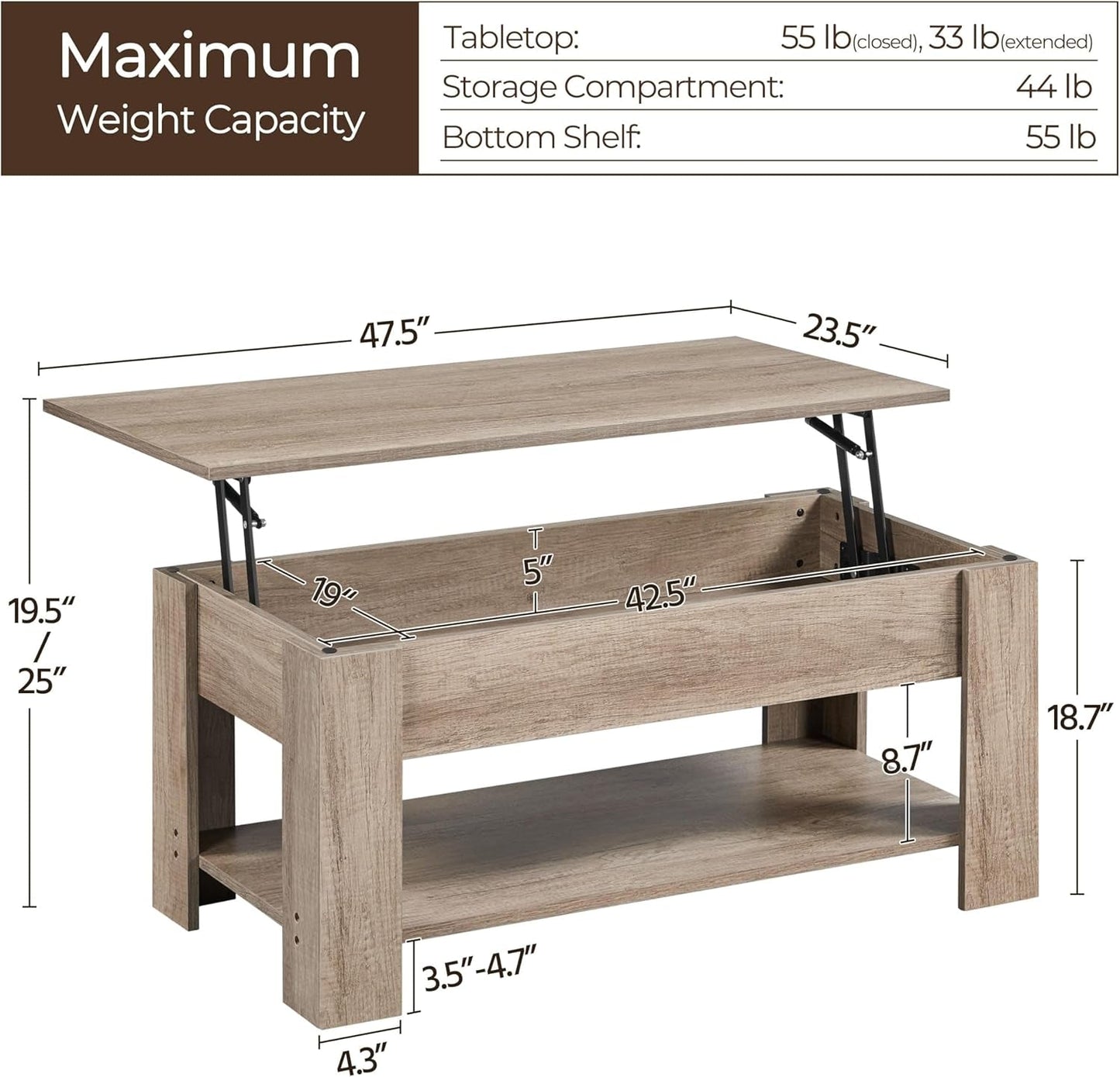 Lift-Top Coffee Table with Hidden Storage & Adjustable Shelf