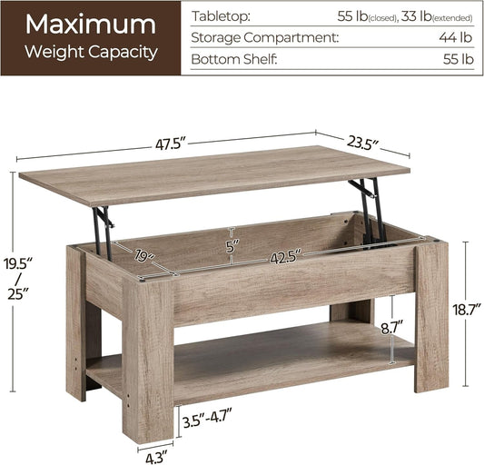 Lift-Top Coffee Table with Hidden Storage & Adjustable Shelf