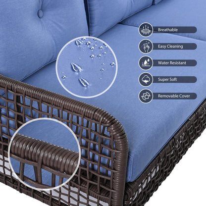 5-Piece Outdoor Swivel Patio Furniture Set with Blue Cushions and Wood Coffee Table
