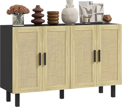 Boho Chic Rattan Buffet Cabinet with Adjustable Shelves – Black & Natural