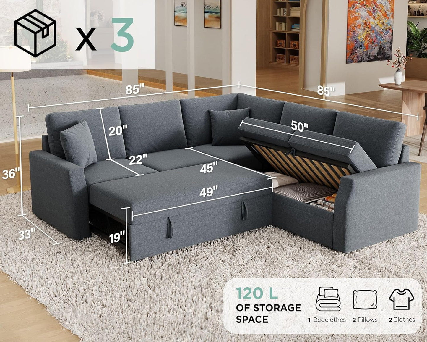 Gray sectional sofa with dimensions and storage capacity displayed on a carpeted floor.