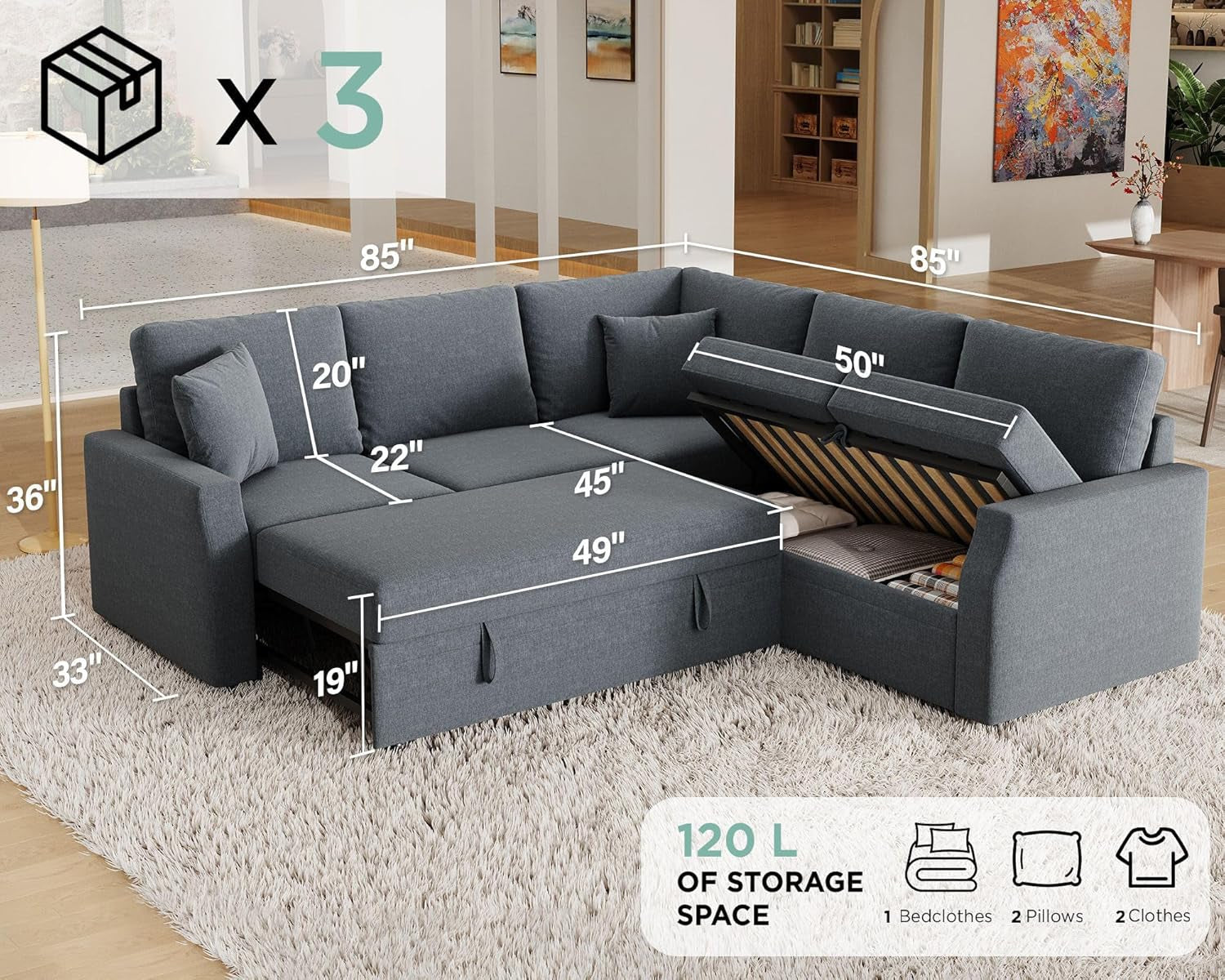 Gray sectional sofa with dimensions and storage capacity displayed on a carpeted floor.