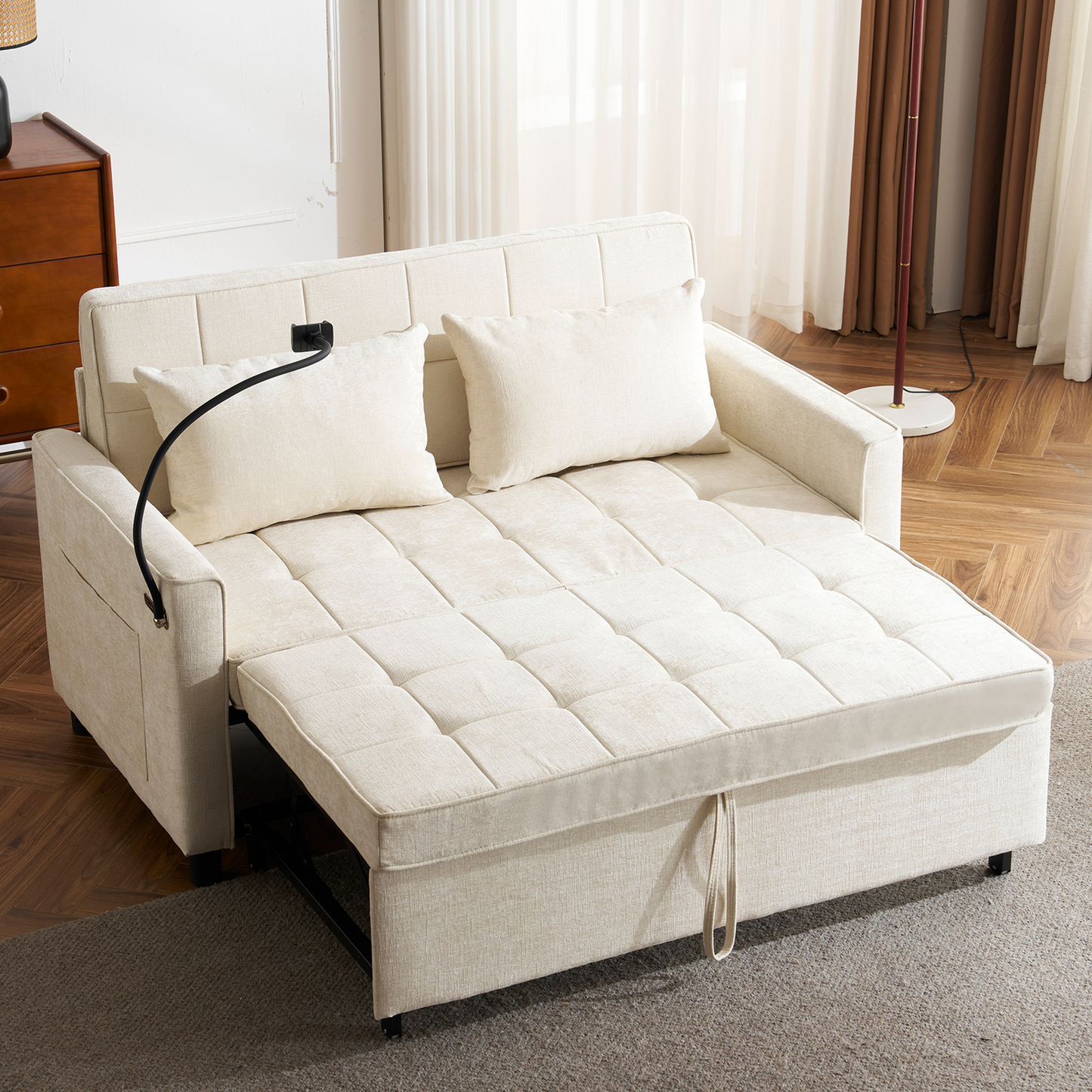 Beige Chenille Loveseat Sofa Bed with USB Ports, Phone Holder, and Side Pockets