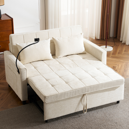 Beige Chenille Loveseat Sofa Bed with USB Ports, Phone Holder, and Side Pockets