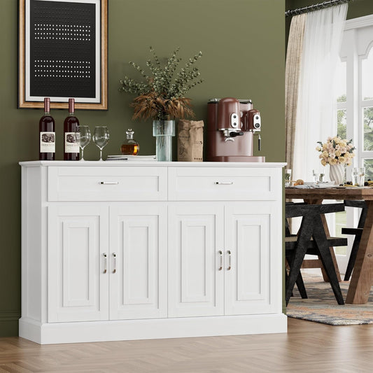 Luxury White Sideboard – 36" Tall Buffet Cabinet with Storage & Silver Pulls