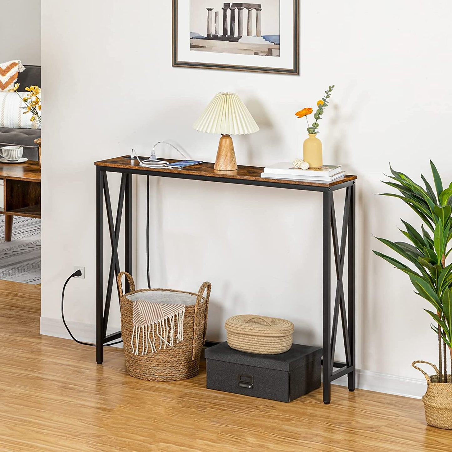 Rustic Brown Entry Table with USB and Outlet Plugs