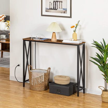 Rustic Brown Entry Table with USB and Outlet Plugs
